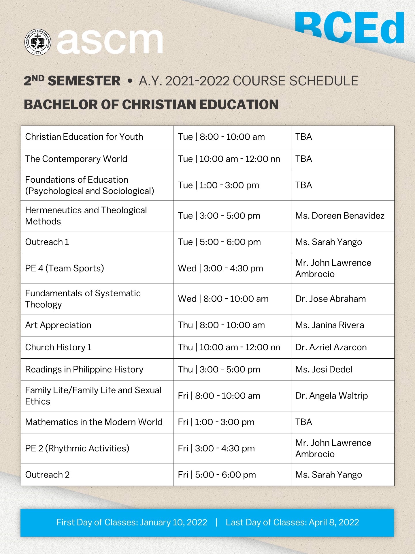 Online Course Schedules (2nd Semester) AY 2021-2022 - ASCM