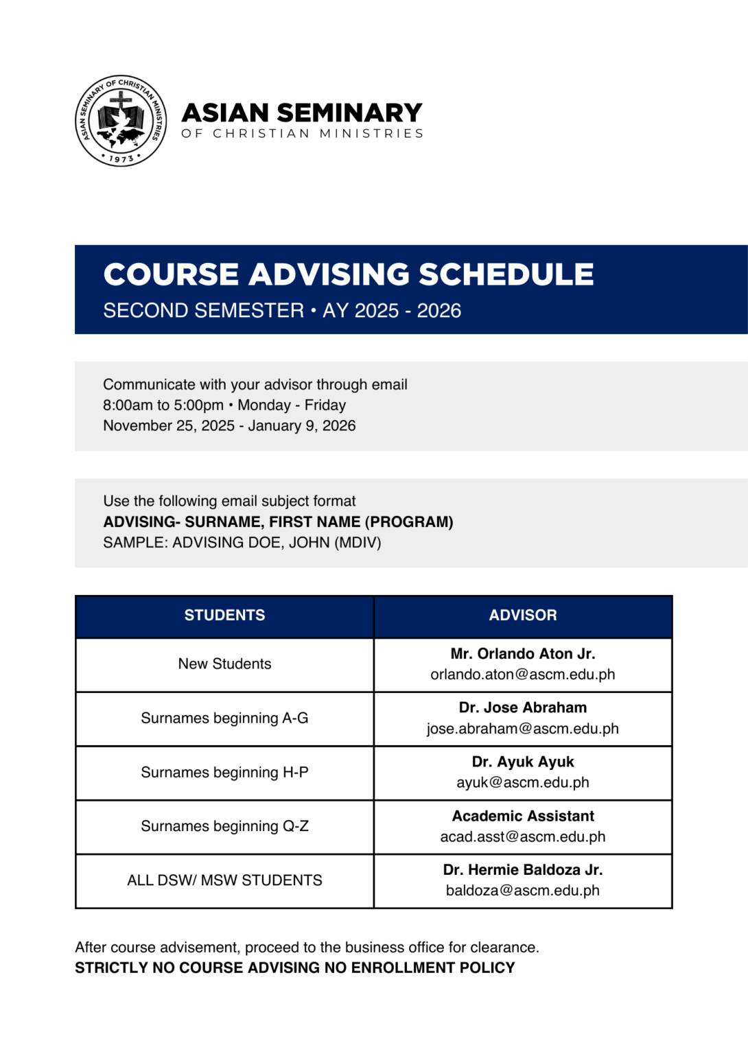 Course Advising Schedule (2nd Semester) AY 2025-2026 - ascm